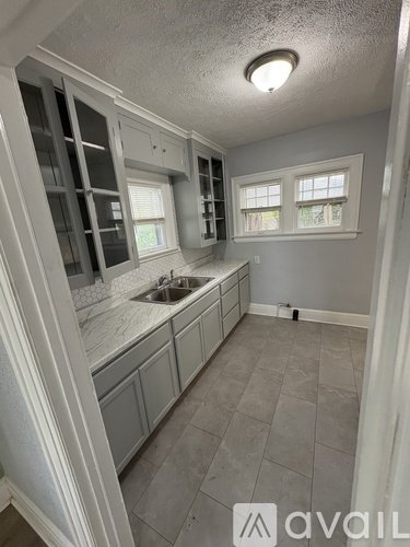 A kitchen with a sink and cabinets.