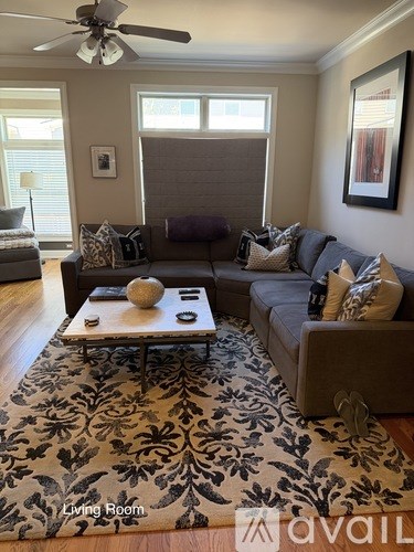 A living room with a grey couch and a patterned rug.