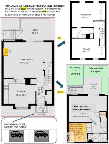 A diagram of a split-level townhouse with a living room, kitchen, and two bathrooms.