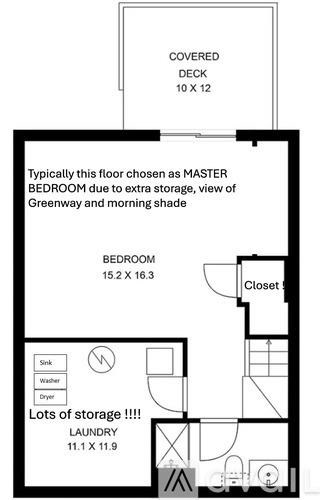 A diagram of a house layout with a master bedroom on the lower floor.