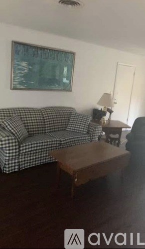 A living room with a checkered couch and a wooden coffee table.
