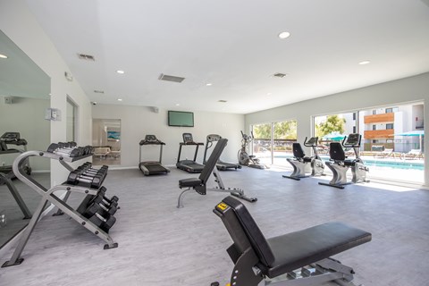 A spacious gym with a variety of equipment including treadmills, stationary bikes, and weight machines.
