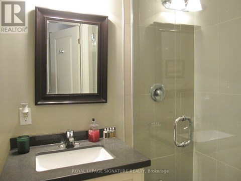 A bathroom with a sink, mirror, and shower.