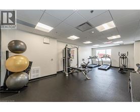 A gym with a variety of equipment including a treadmill, weights, and a balance ball.