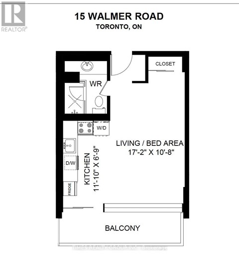 A floor plan for a one bedroom apartment at 15 Walmer Road in Toronto.