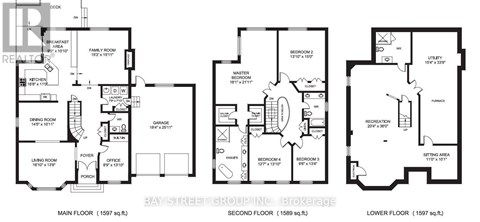 A floor plan shows the layout of a main floor, second floor, and lower floor with labeled rooms and measurements.