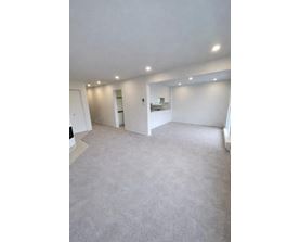 A spacious room with grey carpeting and white walls.