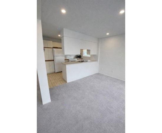 A white kitchen with a refrigerator, sink, and cabinets.