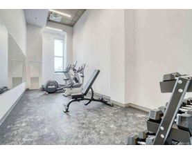 A gym with a row of treadmills and a weight rack.