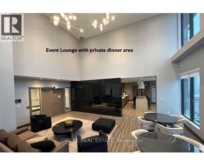 A modern event lounge with a private dining area.