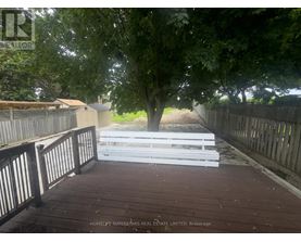 A wooden deck with a white railing and a tree in the background.