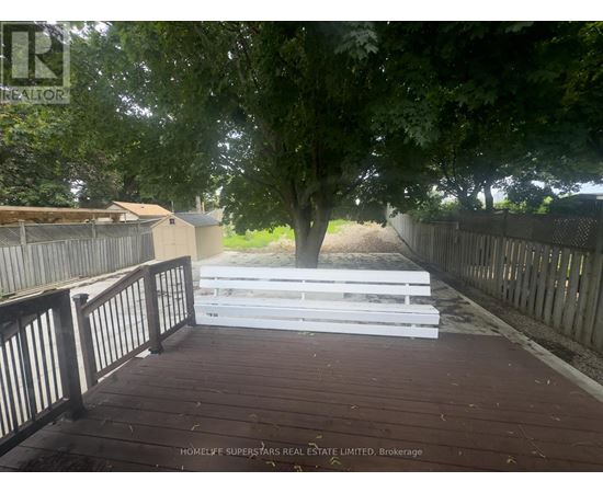 A wooden deck with a white railing and a tree in the background.