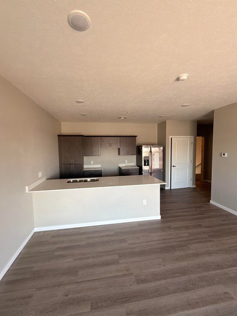 A kitchen with a countertop and cabinets is visible.