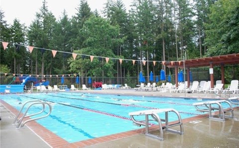 A large outdoor swimming pool with blue water and white lounge chairs.