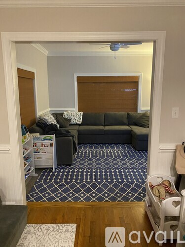 A living room with a grey couch and a patterned carpet.