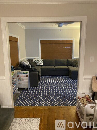 A living room with a grey couch and a patterned carpet.