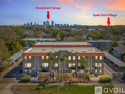 A building with the text "Downtown Tampa" and "Hyde Park Village" pointing to different areas.