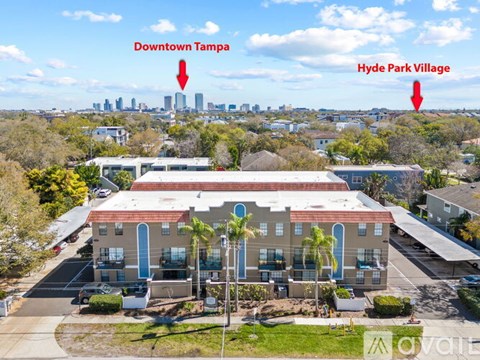 A building with a view of the city skyline and a label pointing to Downtown Tampa.