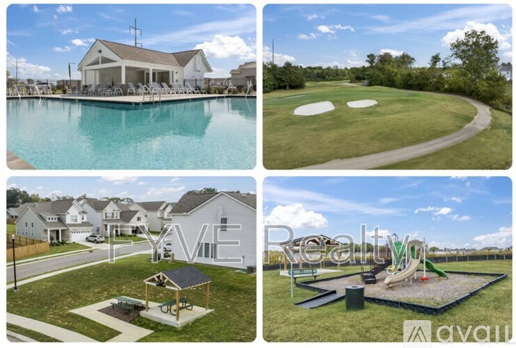 A collage of images showcasing a residential area with a pool, a golf course, a playground, and a house.