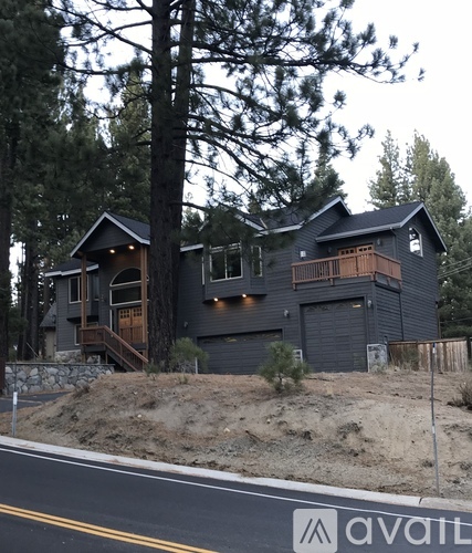 A house with a black exterior is surrounded by trees.