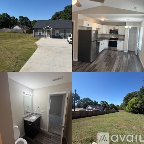 A collage of images showing the exterior of a house, a kitchen, a bathroom, and a backyard.