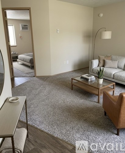 A living room with a grey carpet and a white couch.