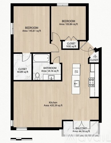 A floor plan of a house with a total area of 145.8 sq ft for the bedroom, 435.39 sq ft for the kitchen, and 44.16 sq ft for the balcon