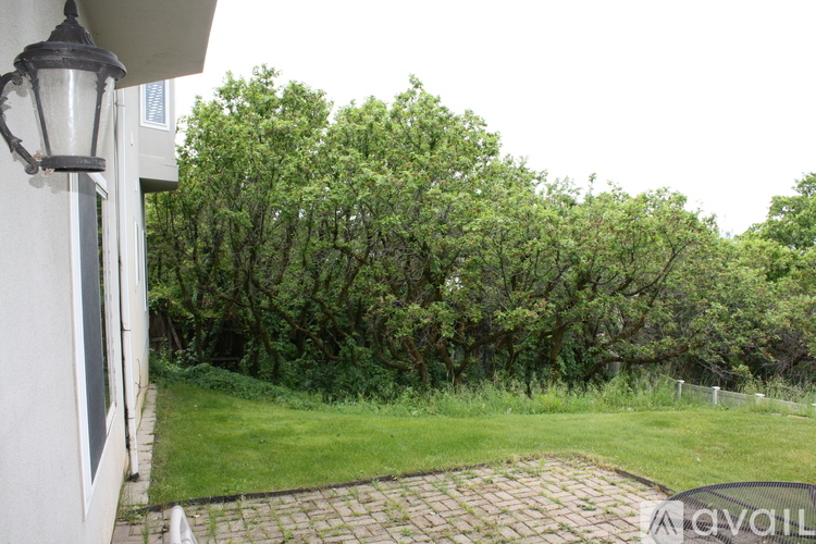 A lamp post is on the left of a building with a green tree in the background.