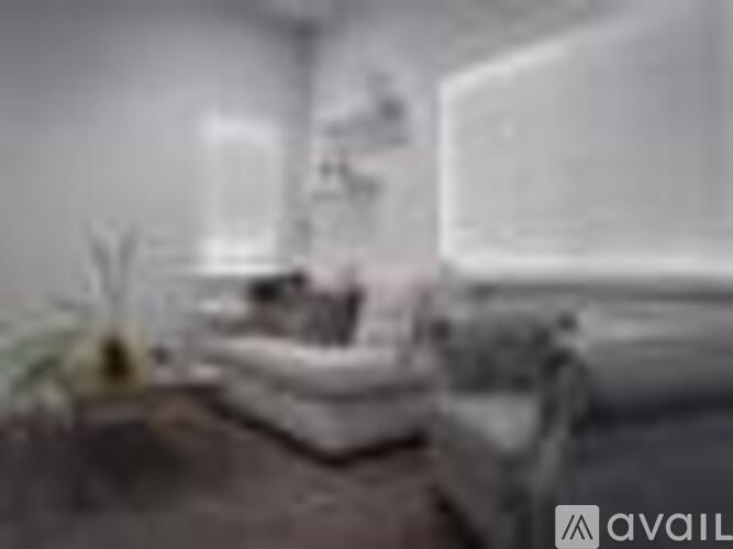 A blurry image of a living room with a couch and a plant.