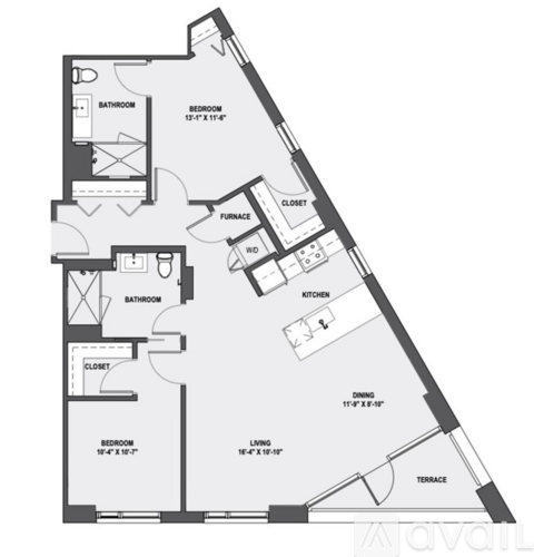 A floor plan of an apartment with three bedrooms and two bathrooms.