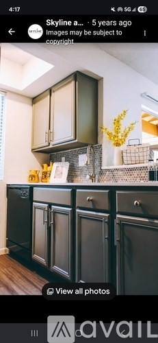 A kitchen with black cabinets and a vase of flowers on the counter.