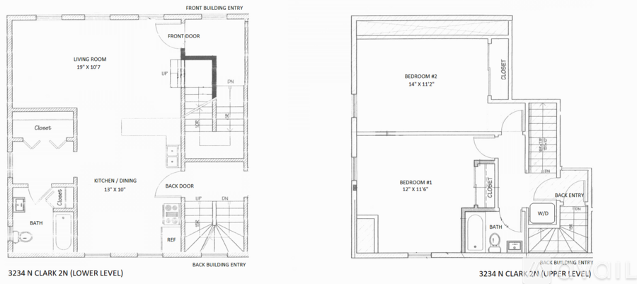 A floor plan of a two-story building with a living room, kitchen, and bathrooms.