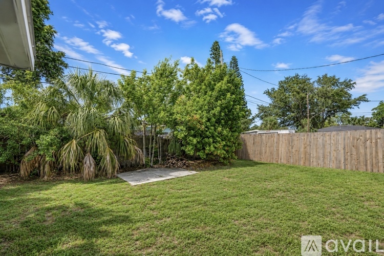 A backyard with a wooden fence and a variety of trees.