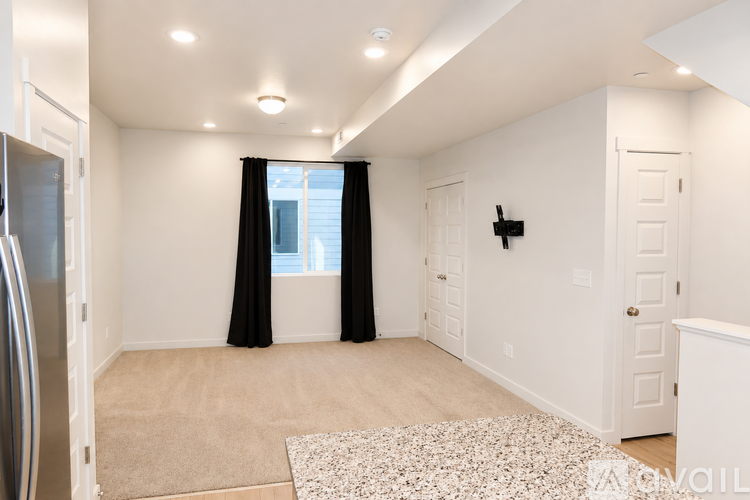 A spacious room with a rug, a window with black curtains, and a white door.