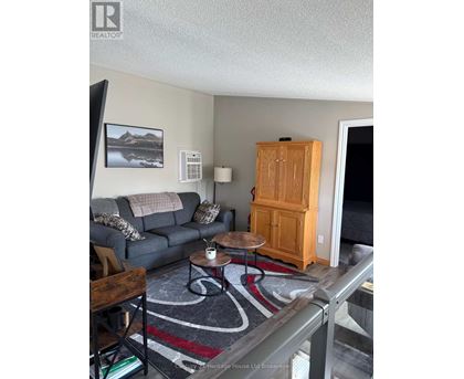 A living room with a grey couch, a wooden cabinet, and a rug.