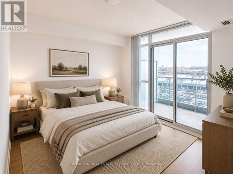 A bedroom with a large bed and a view of the city.