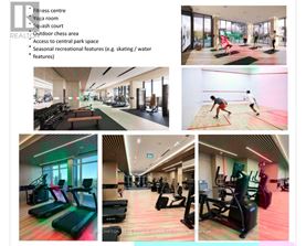 A collage of images showcasing a fitness center with various equipment and a yoga room.