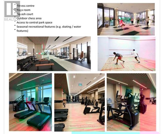 A collage of images showcasing a fitness center with various equipment and a yoga room.