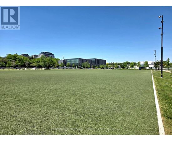 A grassy field with a white line on it and buildings in the background.