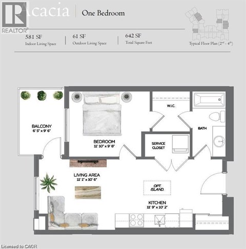 A floor plan for a one bedroom apartment with a living area, bedroom, kitchen, and bathroom.