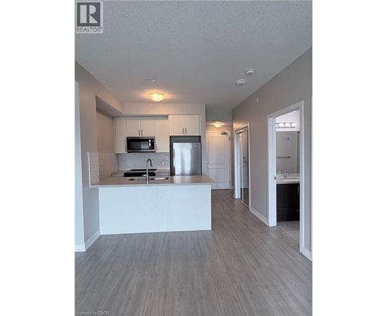 A kitchen with a white countertop and a microwave above the sink.
