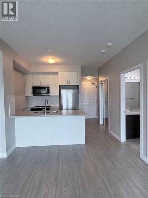 A kitchen with a white countertop and a microwave above the sink.