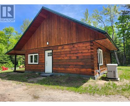 A wooden cabin with a white door and windows is surrounded by trees.