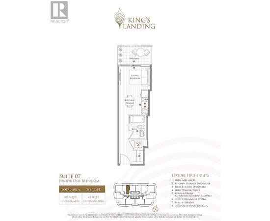 A floor plan for a junior one bedroom suite at King's Landing shows the layout of the rooms.