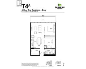 A floor plan for a 610 sq ft apartment with one bedroom and den.