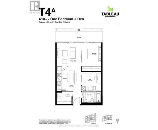 A floor plan for a 610 sq ft apartment with one bedroom and den.