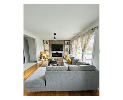 A living room with a grey couch and a television.