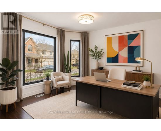 A well-lit room with a desk, chair, and a large window showing an outdoor view.