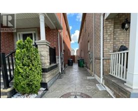 A narrow alley with a tree and a trash can.