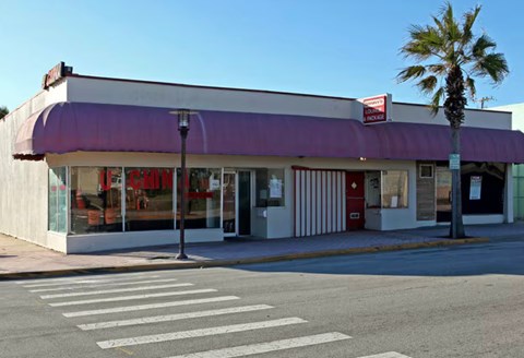 A storefront with a purple awning and a palm tree in front.